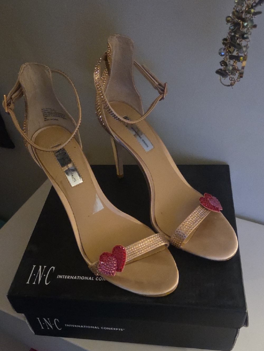INC International Concepts Nude Heeled Sandals with Pink Heart Accents